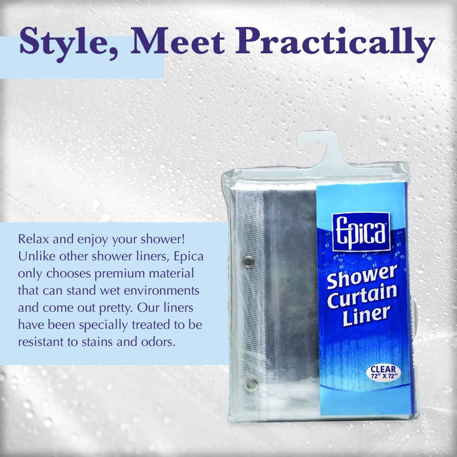 Epica heavyweight vinyl stays in place for a tidy shower.