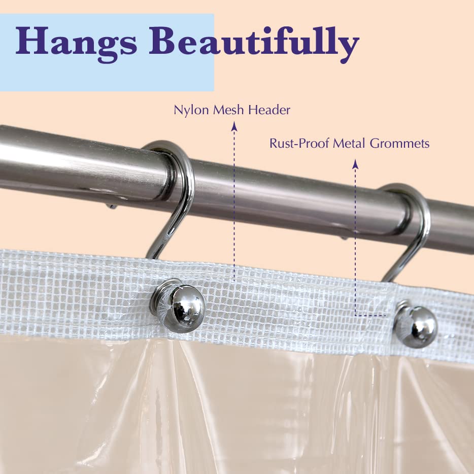 Epica shower curtain reinforced header adds strength for long-lasting use.