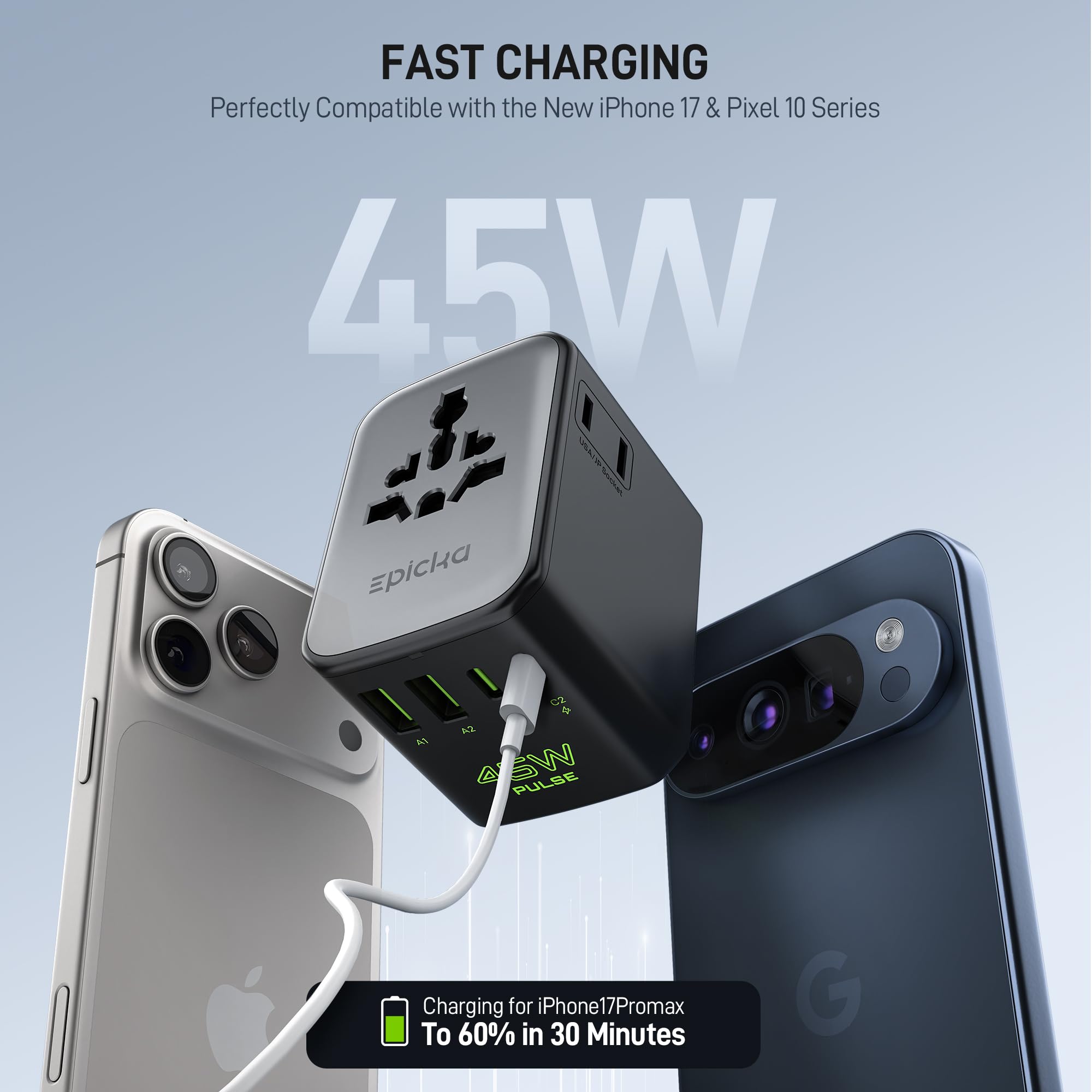 EPICKA Pulse Duo universal-ports demonstrates multiple outlets for worldwide device charging
