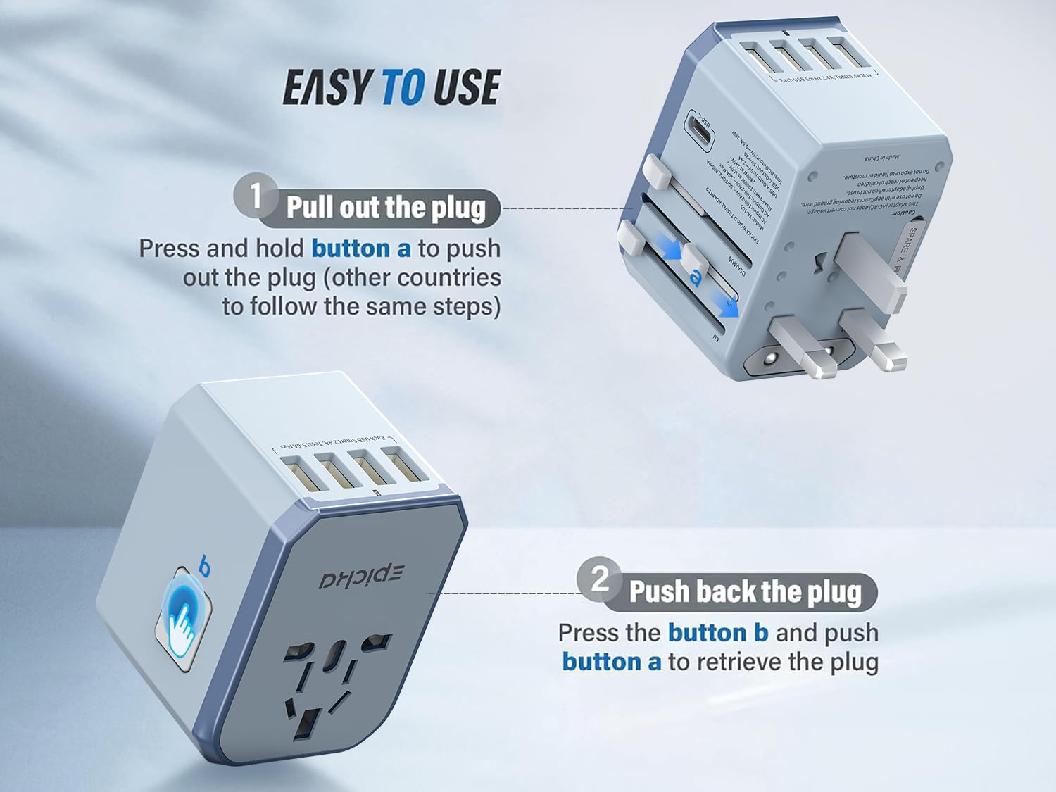 EPICKA TA105 plug attachments for USA, EU, JP, and UK compatibility.
