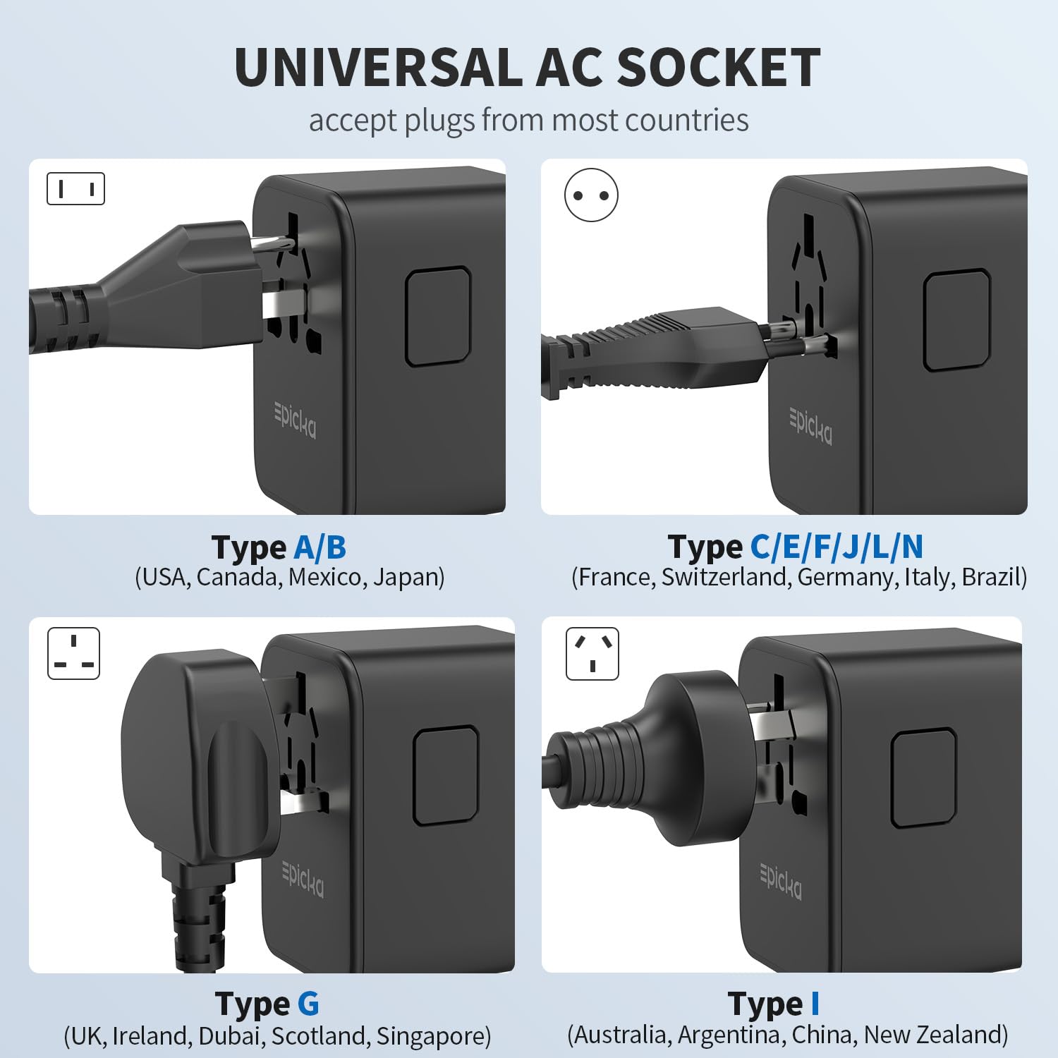 EPICKA TA-105 Pro compact travel adapter ideal for carry-on use.