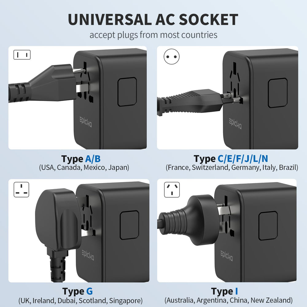 EPICKA TA-105 Pro compact travel adapter ideal for carry-on use.