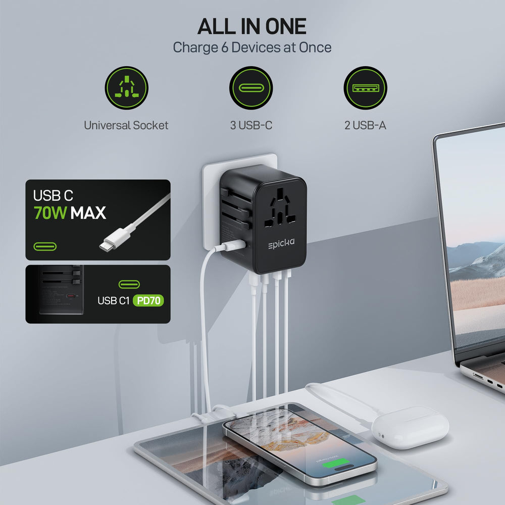 EPICKA TA-105 Pro plug types display across regions for international compatibility.