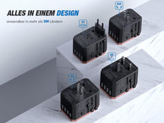 EPICKA rose gold travel adapter showing plug mechanisms for different regions