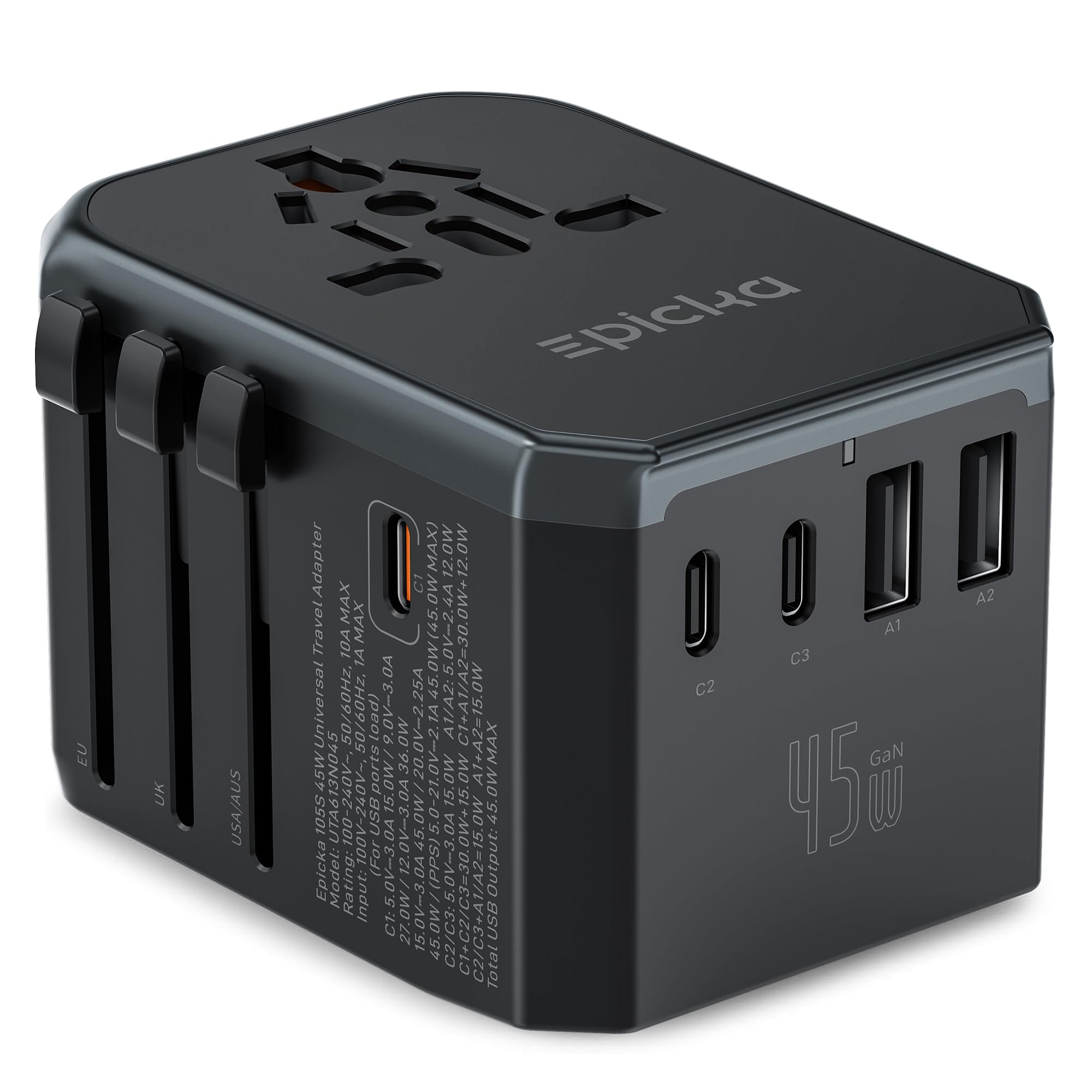 EPICKA GaN 45W universal travel adapter front view for compact worldwide charging