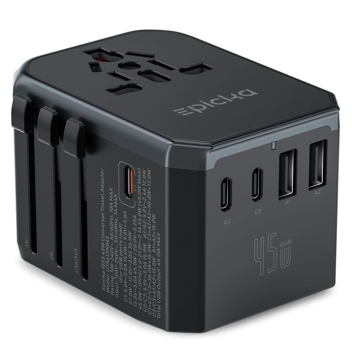 EPICKA GaN 45W universal travel adapter front view for compact worldwide charging