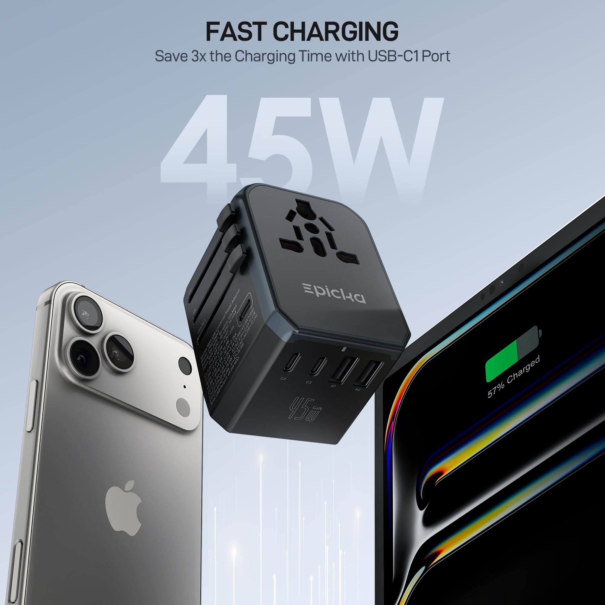 Close-up of EPICKA adapter ports showing 3 USB-C and 2 USB-A for multi-device charging
