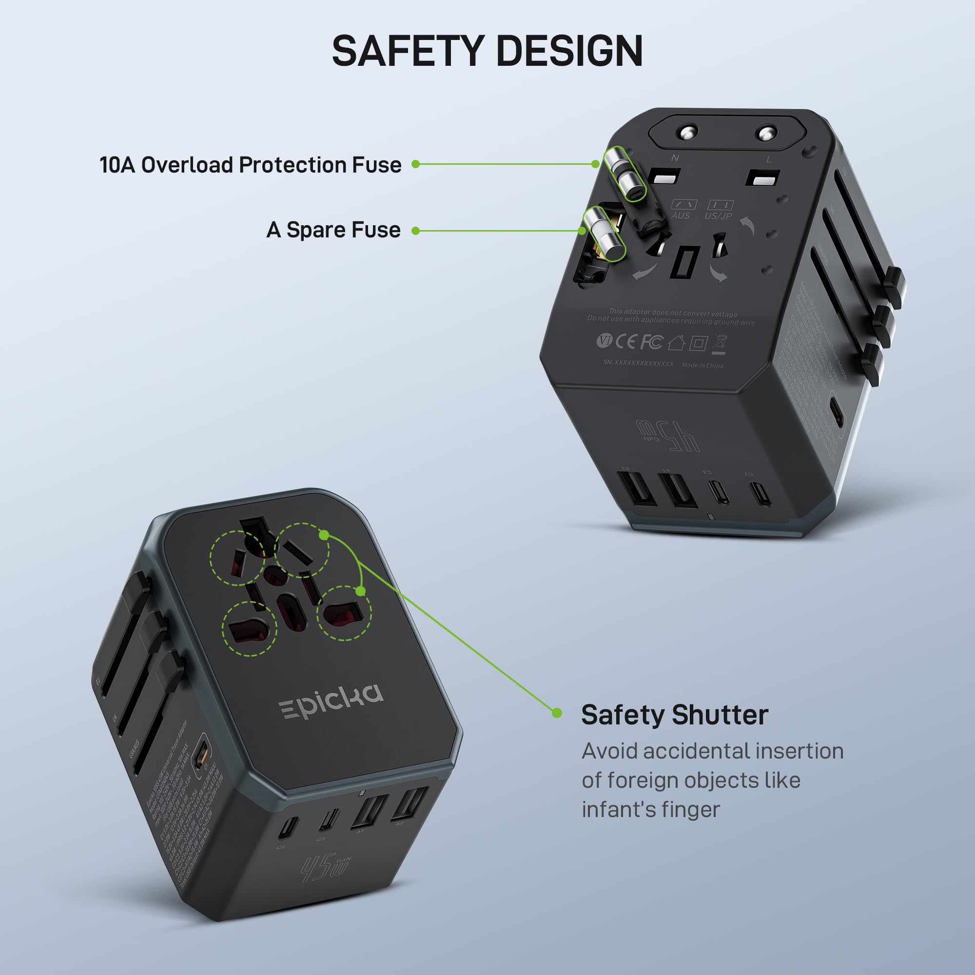 EPICKA built-in 10A fuse safety feature for travel safety