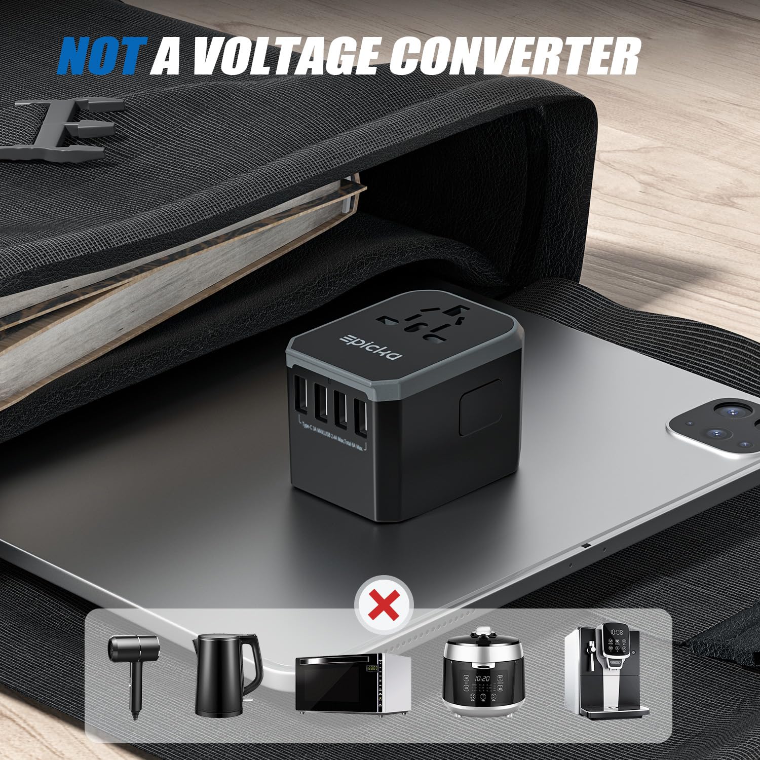 Epicka travel adapter safety shutters on a compact grey housing