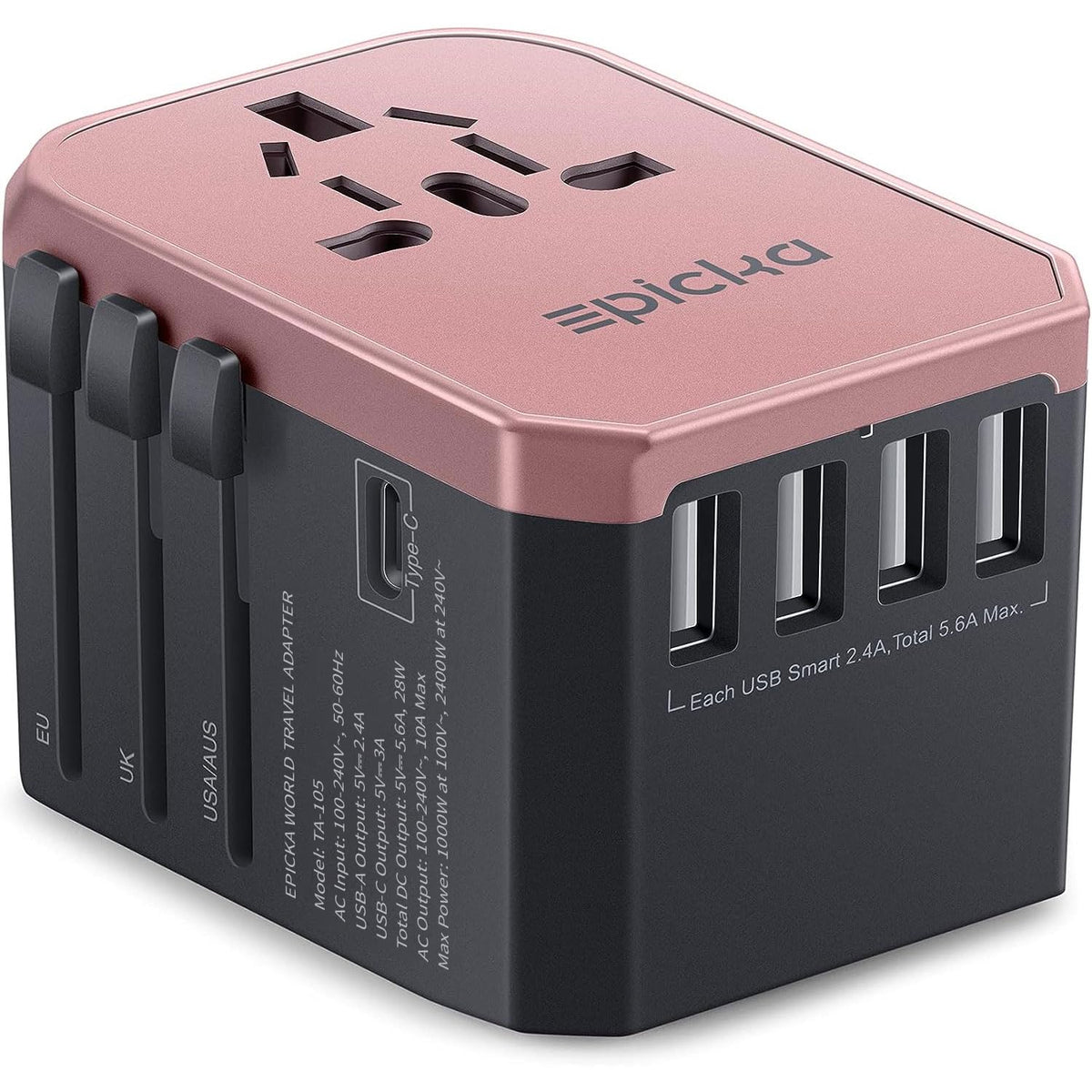 EPICKA universal travel adapter rose gold front view for multi-device charging on the go