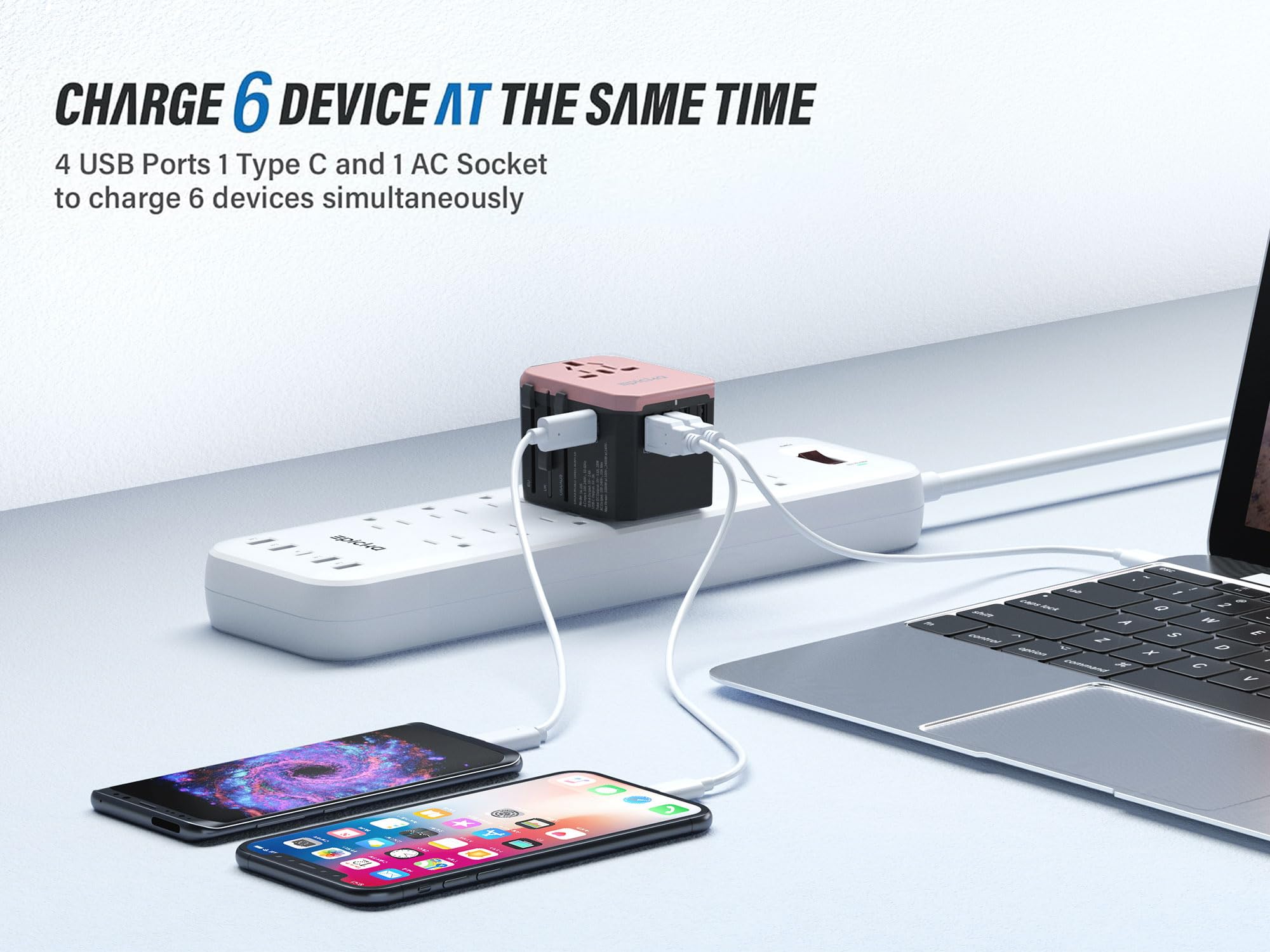 EPICKA travel adapter rose gold ports in use with multiple devices charging