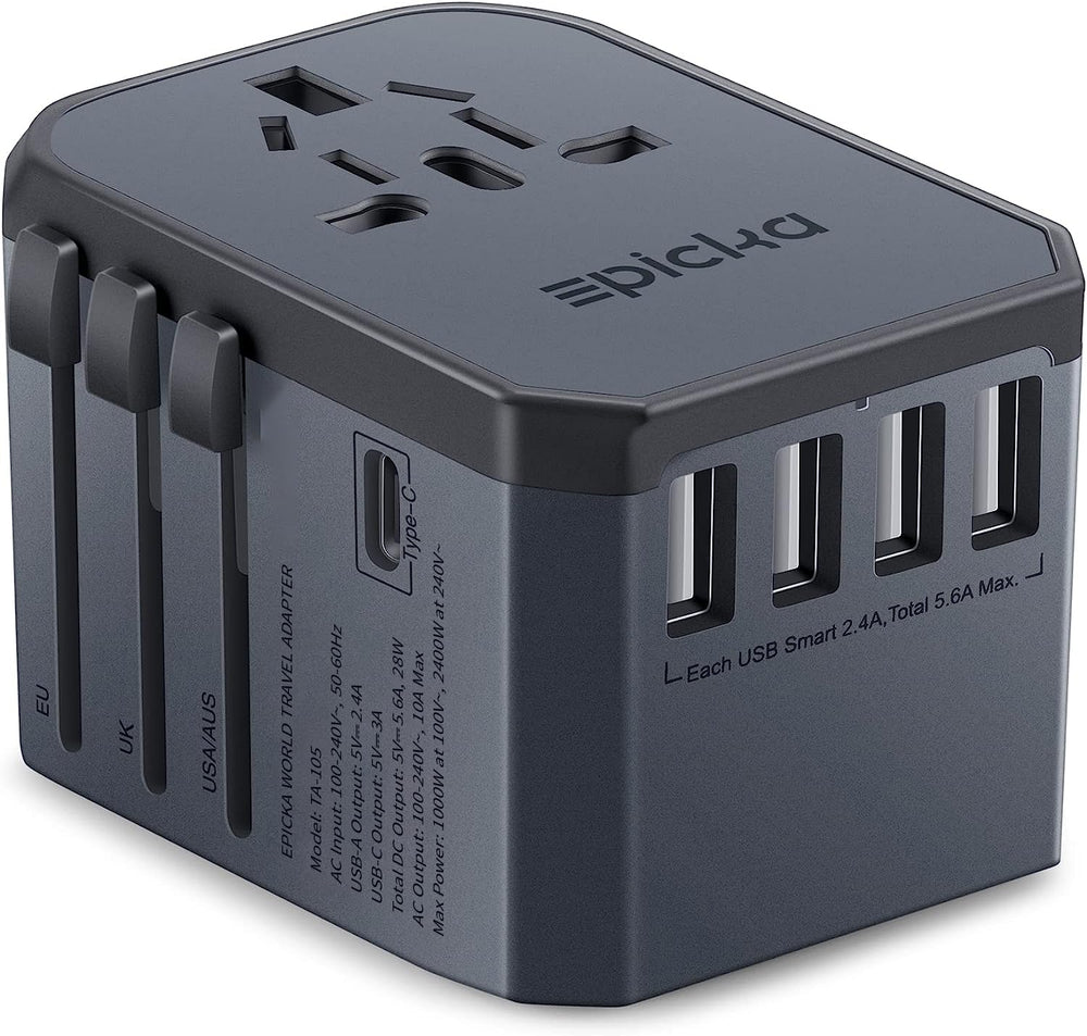 EPICKA TA-105 travel adapter in space grey with global plug options for international trips.