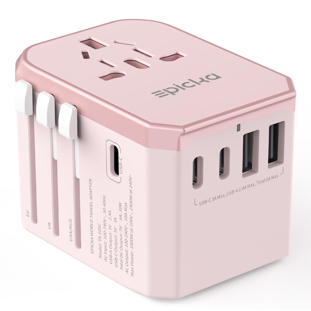 EPICKA universal travel adapter pink compatible with 200+ countries for easy charging on the road.