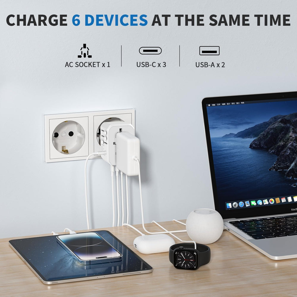 EPICKA adapter with 3 USB-C and 2 USB-A ports for multi-device charging