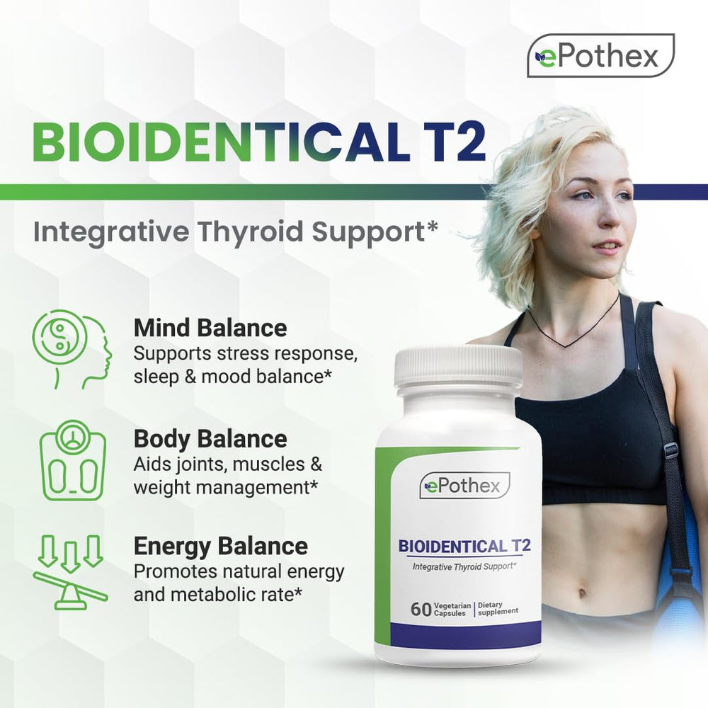 EPOTHEX Bioidentical T2 packaging front communicates GMP quality and USA manufacturing reassurance.