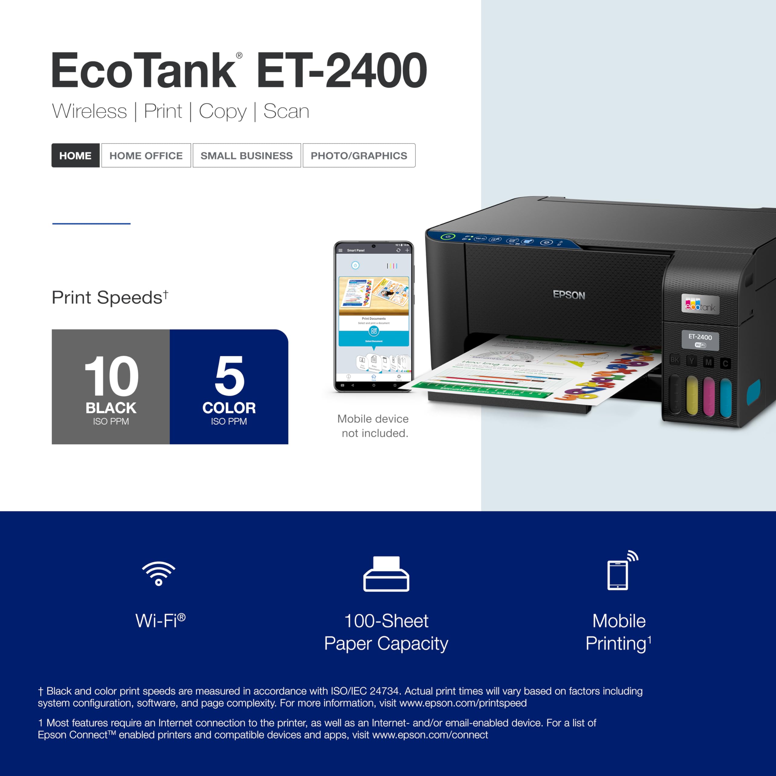 ET-2400 rear-feed tray image indicates 100-sheet capacity for busy days.