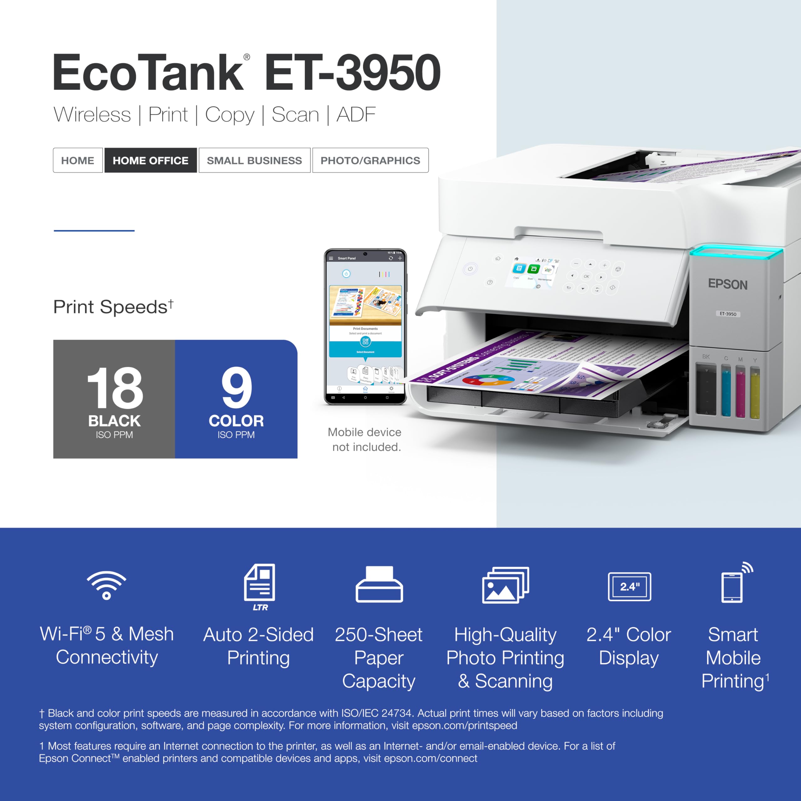 Epson EcoTank ET-3950 2.4-inch color touchscreen setup and control.