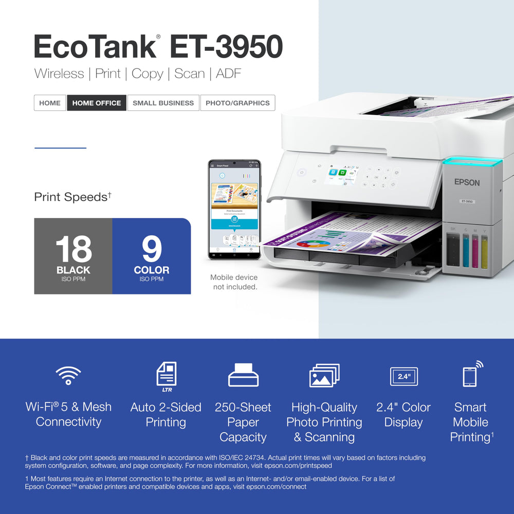Epson EcoTank ET-3950 2.4-inch color touchscreen setup and control.