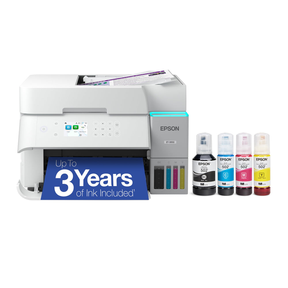Epson EcoTank ET-3950 front view for cartridge-free efficiency in a home office.