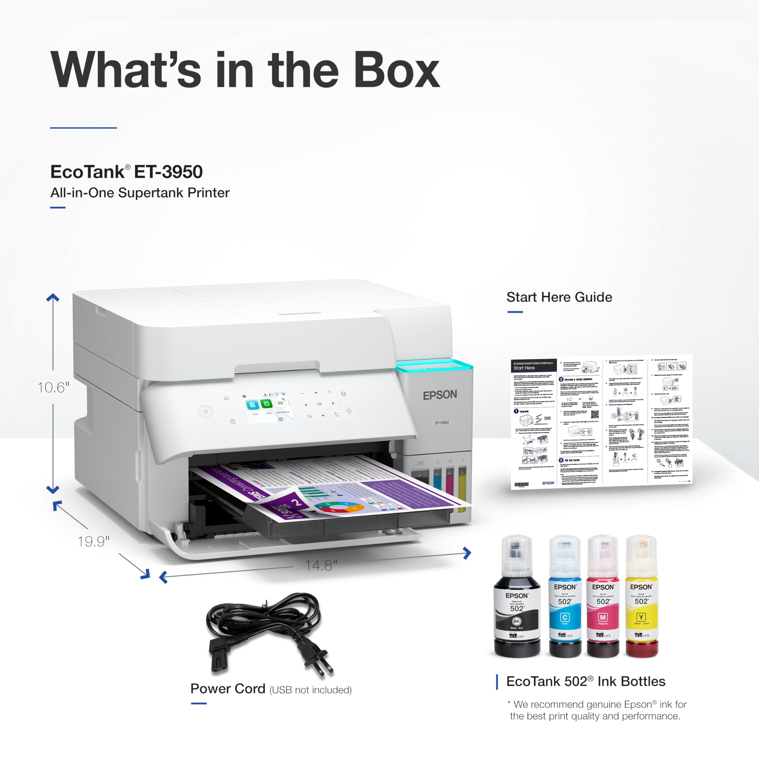 Epson EcoTank ET-3950 ink in box implies up to three years of printing.