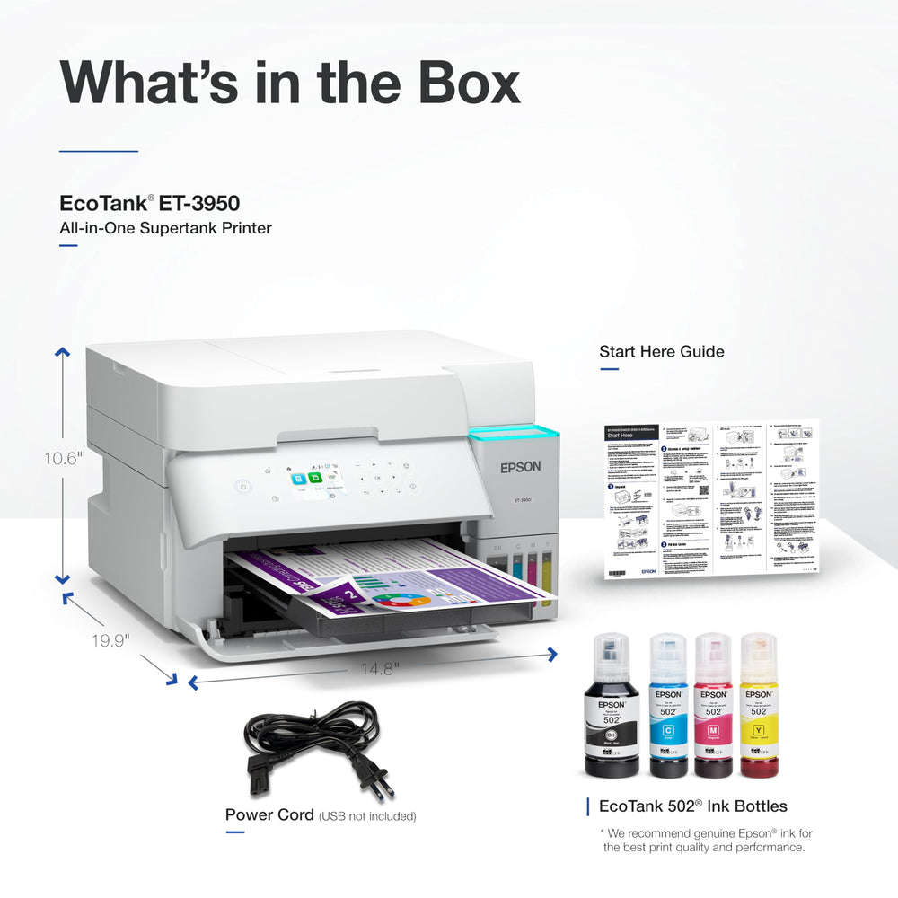 Epson EcoTank ET-3950 ink in box implies up to three years of printing.