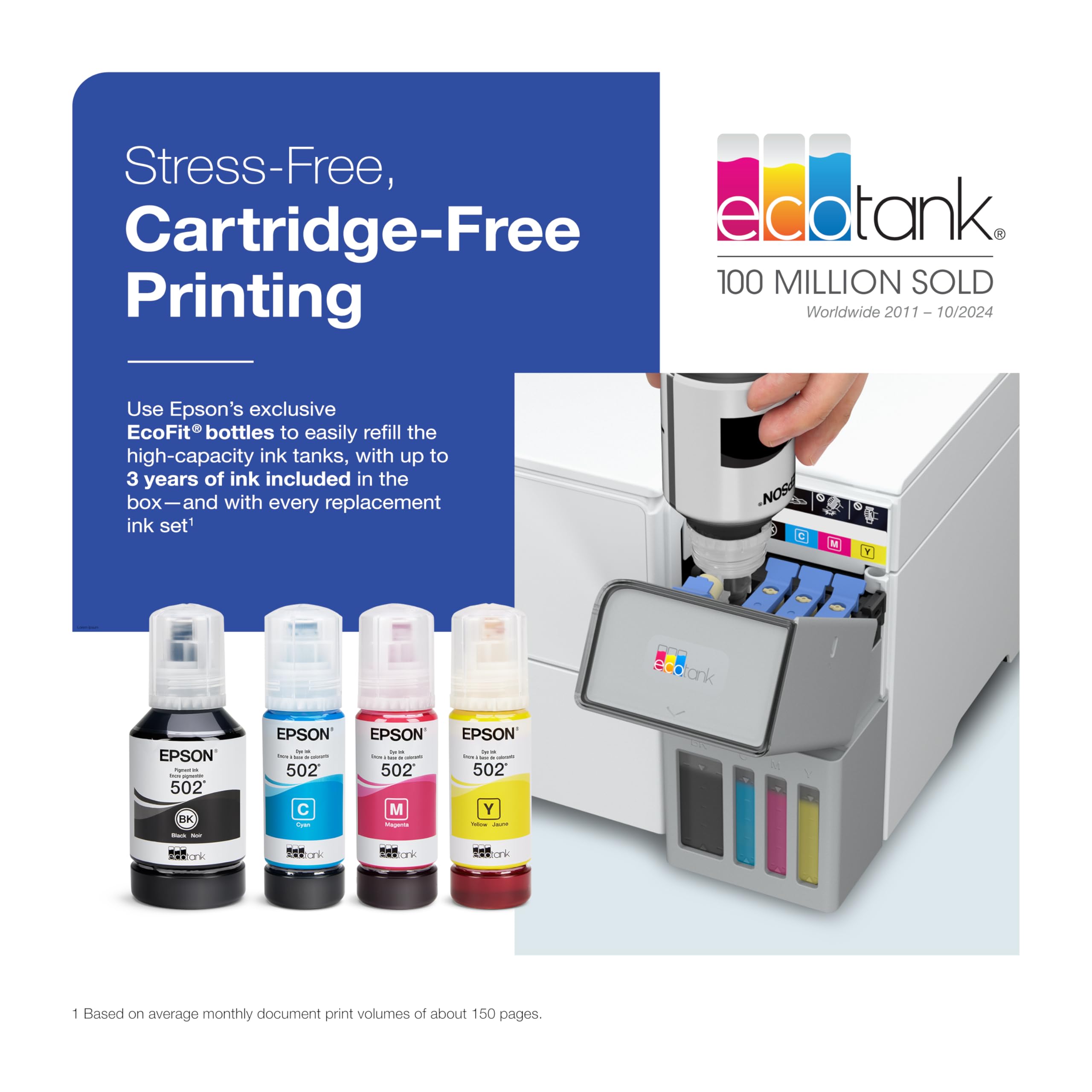 Epson EcoTank ET-3950 ink tanks close-up showing low-cost color printing.