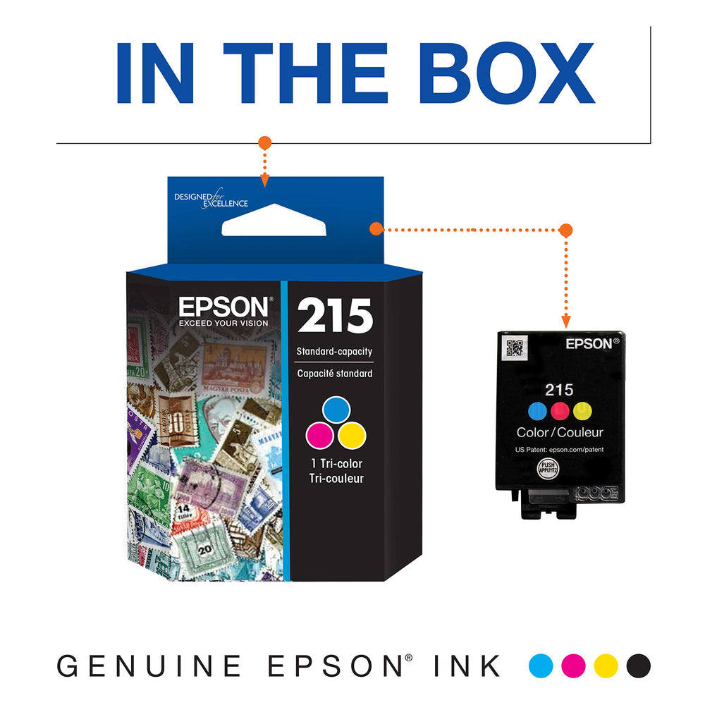 Epson T215530-S color ink drops showing cyan, magenta, and yellow hues