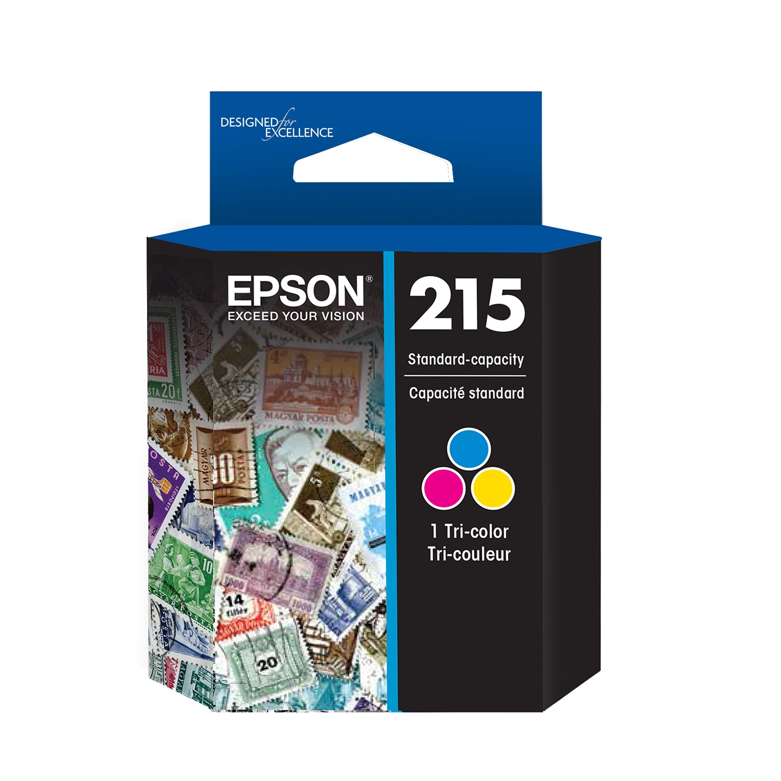 Epson T215530-S tri-color cartridge in packaging for quick replacement