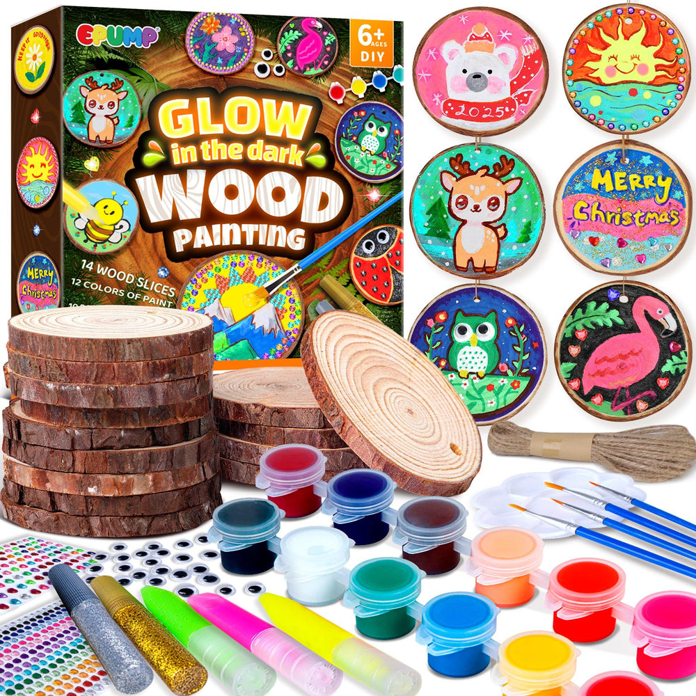 EPUMP Glow in the Dark Wooden Painting Kit box with supplies for kids’ crafts.