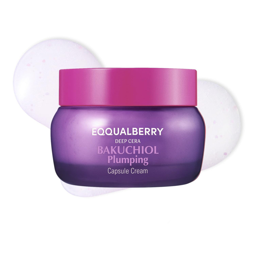 EQQUALBERRY Bakuchiol Plumping Capsule Cream bottle highlights premium packaging and potential firming benefits.