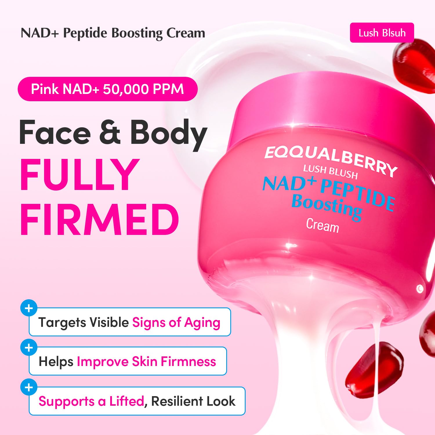 EQQUALBERRY NAD+ Peptide Cream jar closeup shows creamy texture for enhanced hydration.