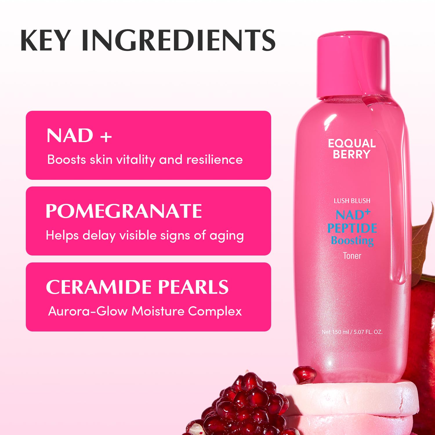 EQQUALBERRY NAD+ Peptide Toner application step shows layered skincare routine