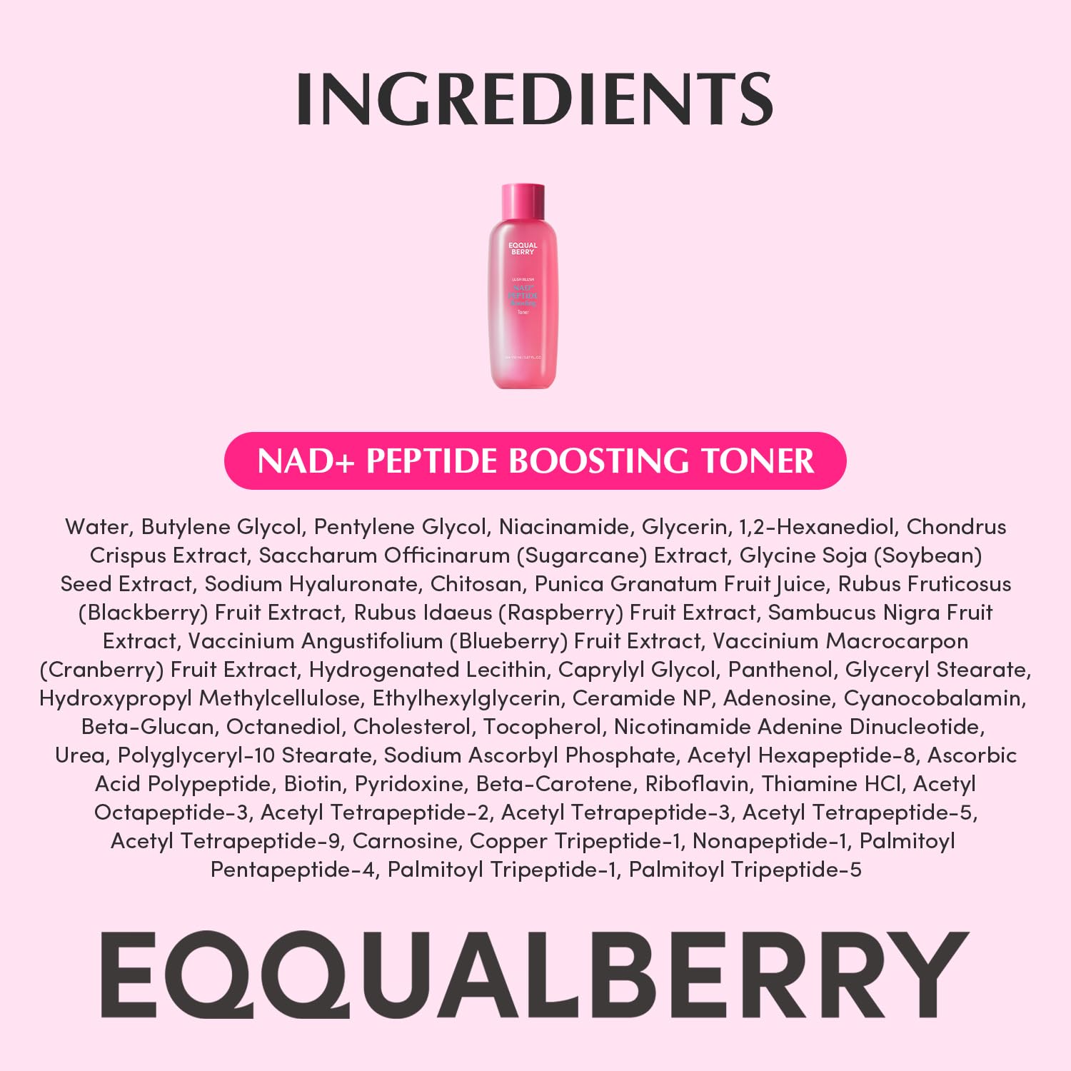 EQQUALBERRY NAD+ Peptide Toner packaging highlights pink aesthetic