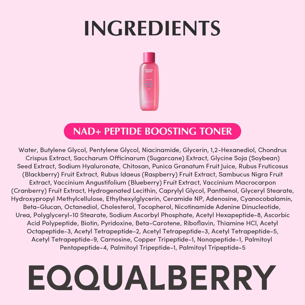 EQQUALBERRY NAD+ Peptide Toner packaging highlights pink aesthetic