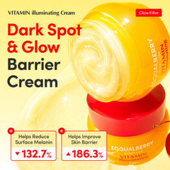 EQQUALBERRY Vitamin Illuminating Cream jar close-up shows rich texture and quick absorption.