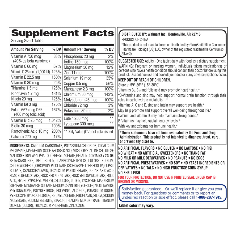 Equate Mature Adult 50+ multivitamin tablets closeup for complete daily vitamins
