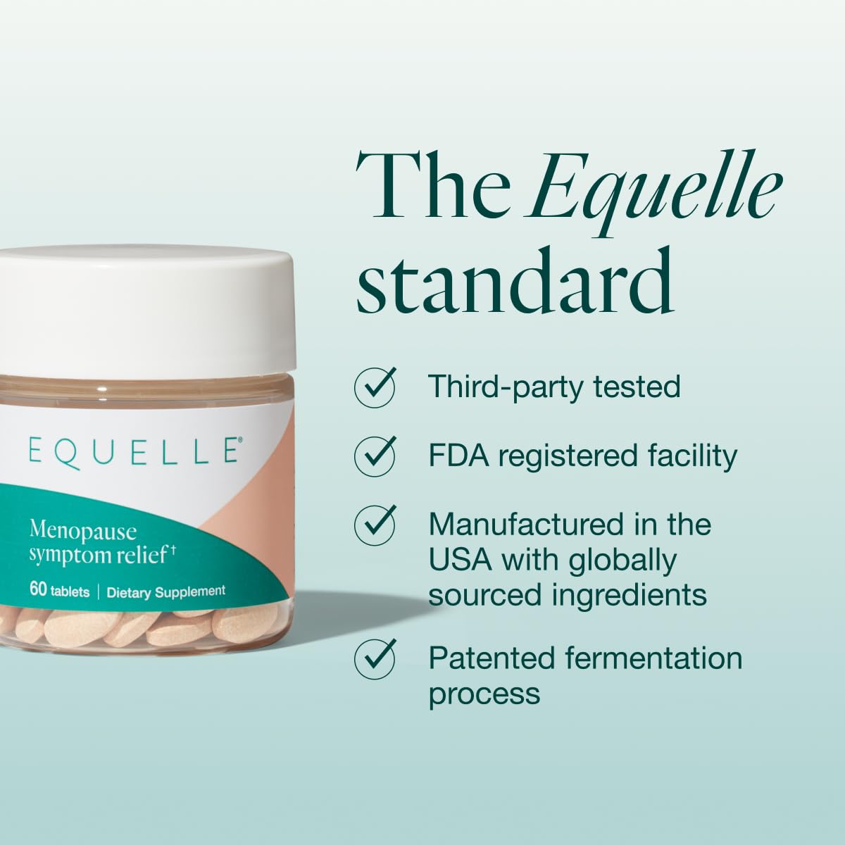 Equelle daily-dosage-2-tablets bottle illustrating a simple two-tablet routine.