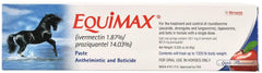 Equimax horse dewormer paste tube with syringe shows apple flavor for easy dosing.