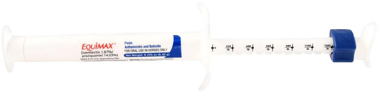 Equimax syringe and label displayed for informed, proper horse dosing.