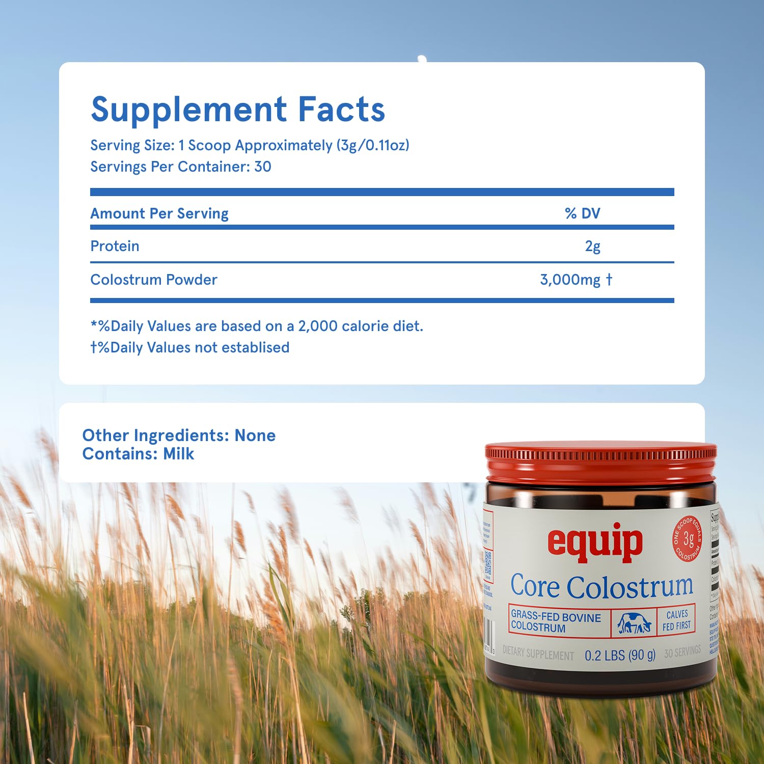Close-up of the fine powder, lactose-free formula in Equip Core Colostrum