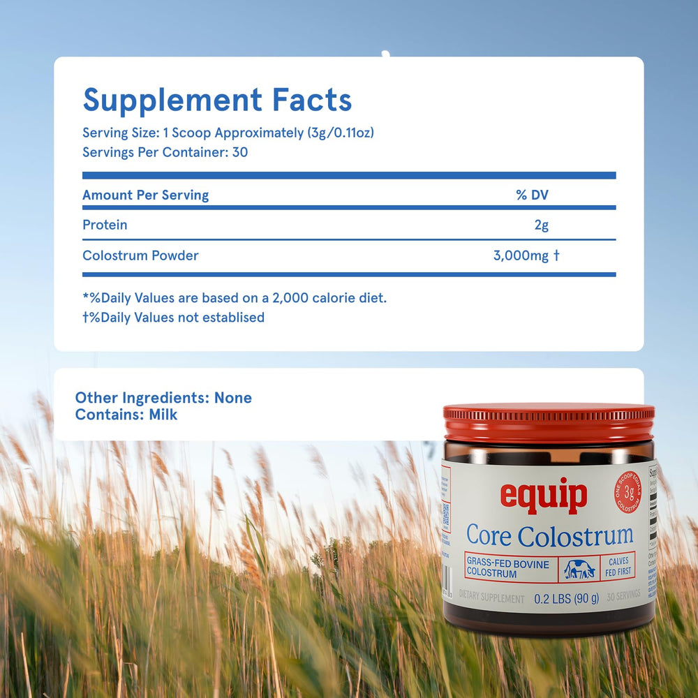 Close-up of the fine powder, lactose-free formula in Equip Core Colostrum