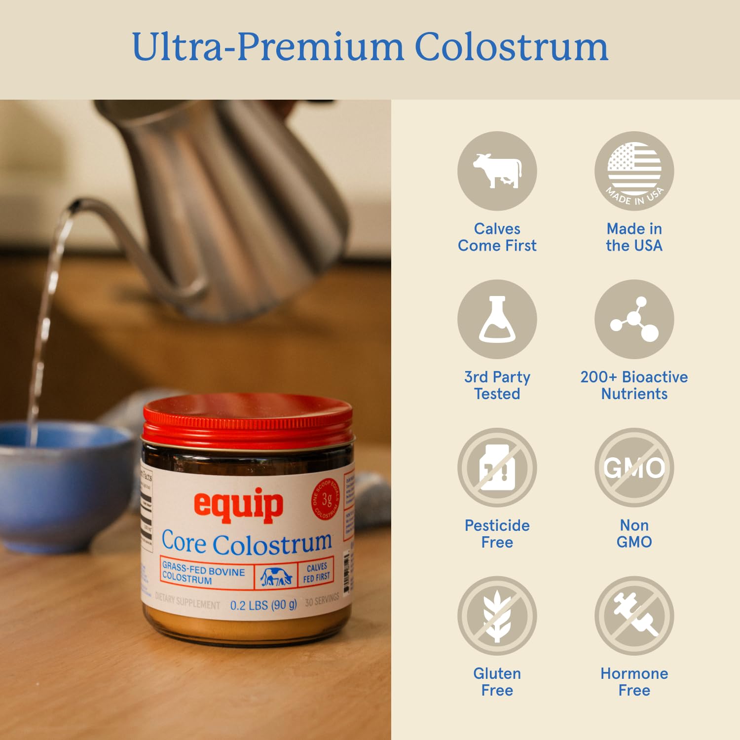 Close-up label on Equip Foods Core Bovine Colostrum Powder highlighting 40% IgG