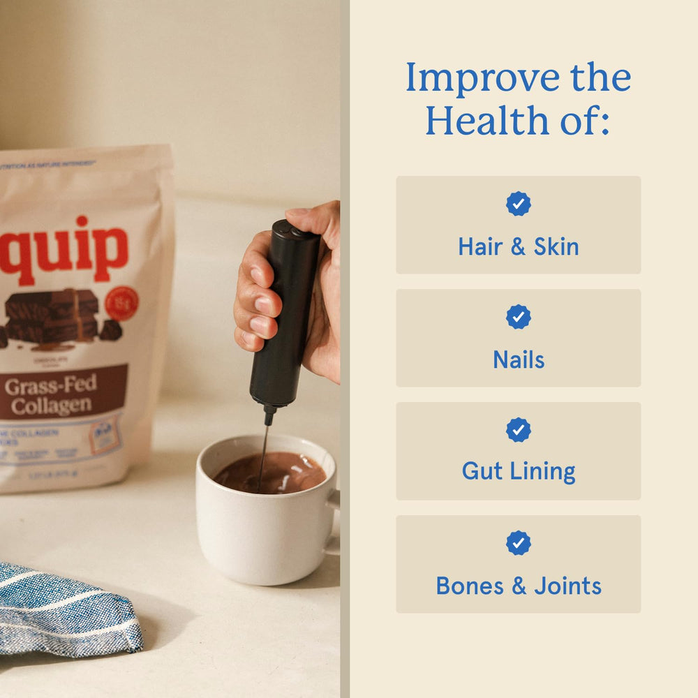 Equip Grass-Fed Collagen Powder glass with drink — easy to mix into shakes.