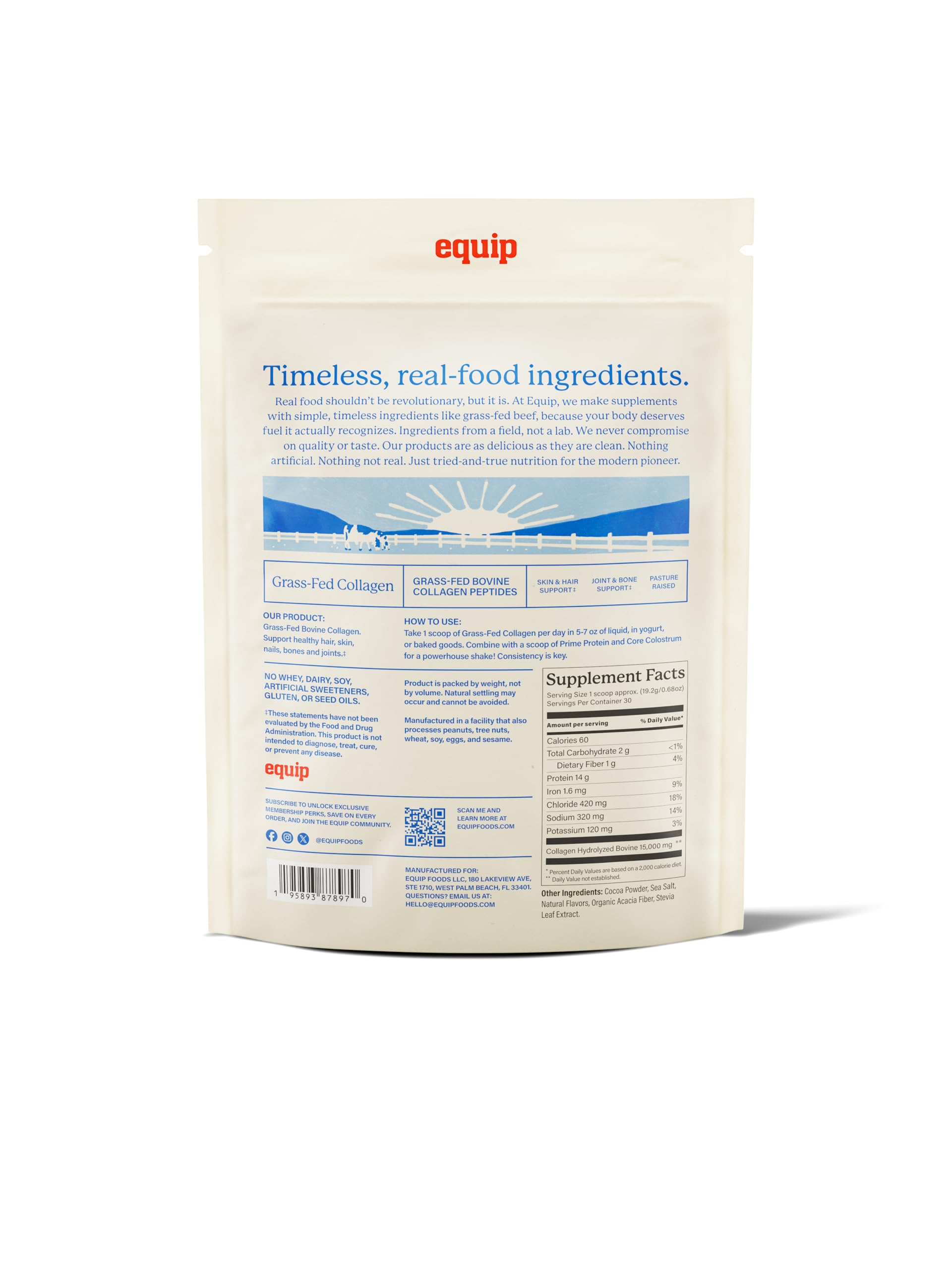 Equip Grass-Fed Collagen Powder ingredients list — hydrolyzed peptides for easy digestion.