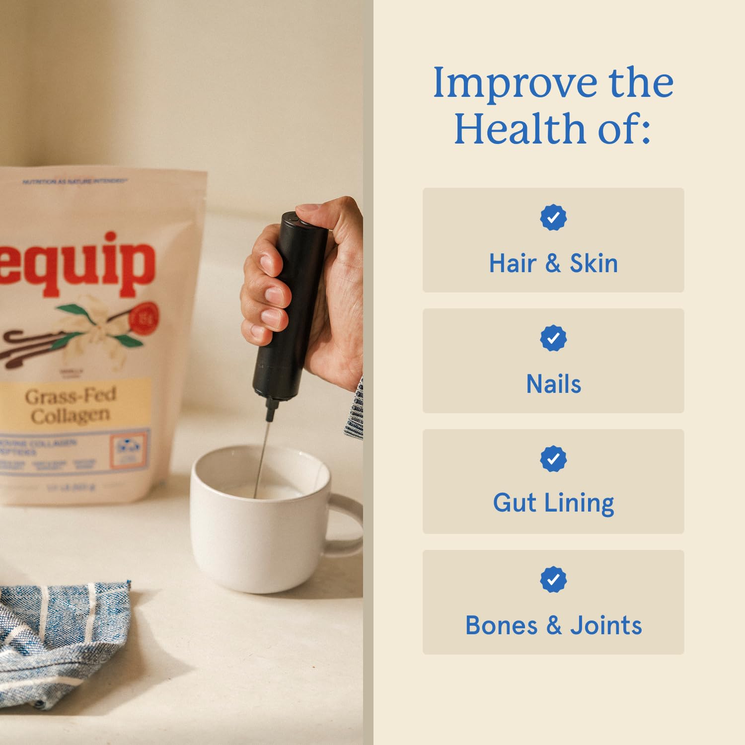 Equip Grass-Fed Collagen Powder being poured into a shake for amino acids.
