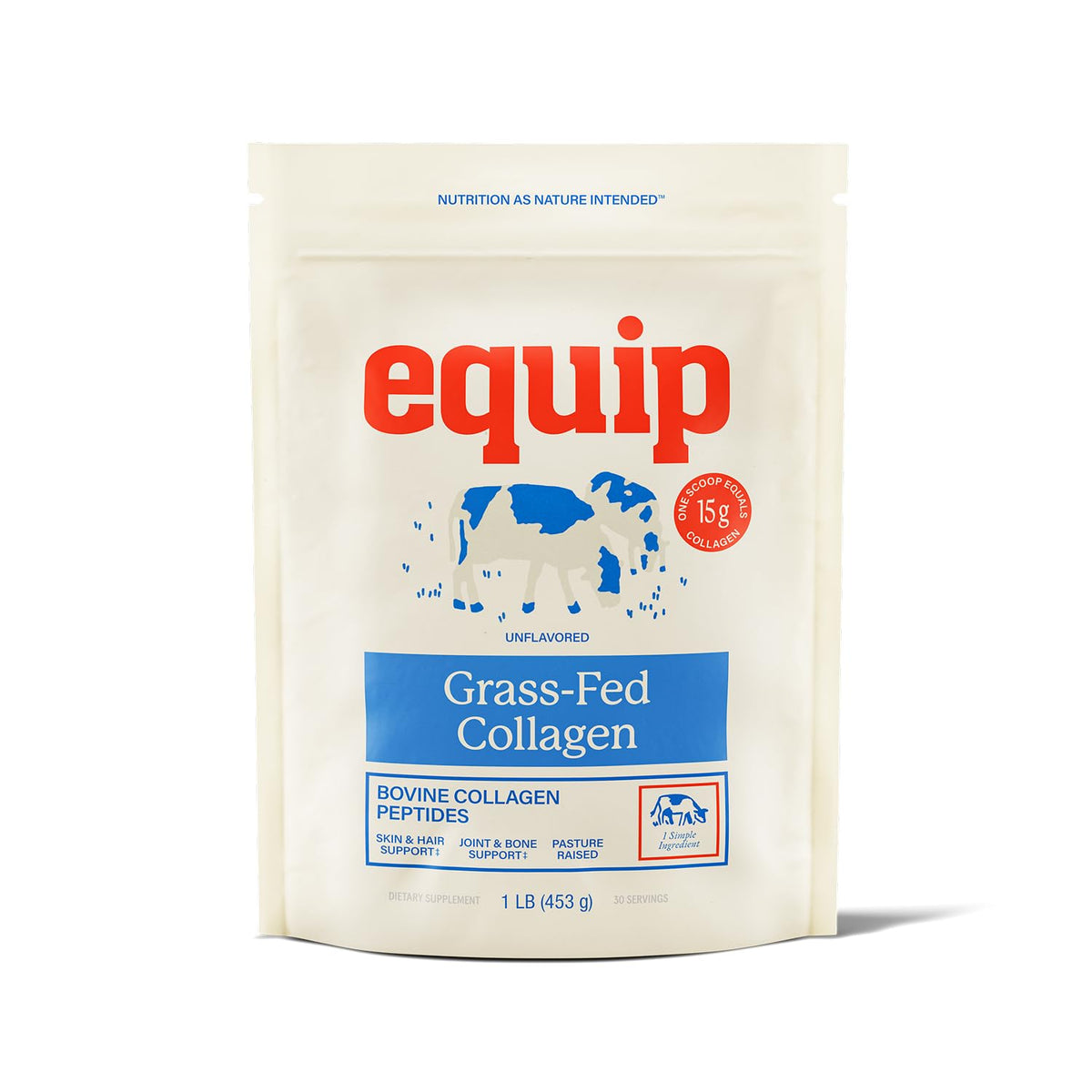 Equip Grass-Fed Collagen Powder bottle pour for easy daily use supporting joints and skin.