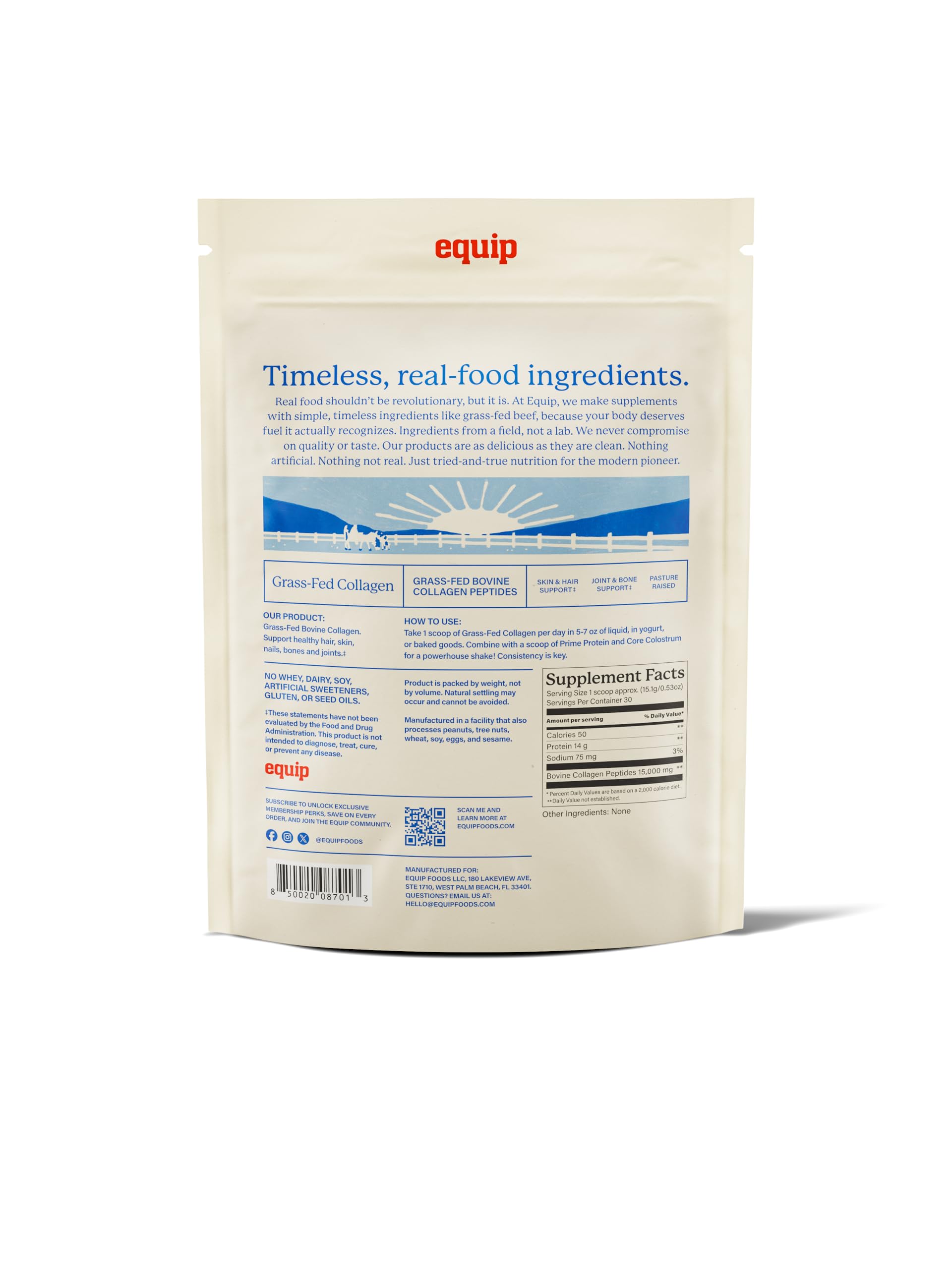 Equip Grass-Fed Collagen Powder closeup texture highlights fine hydrolyzed peptides.