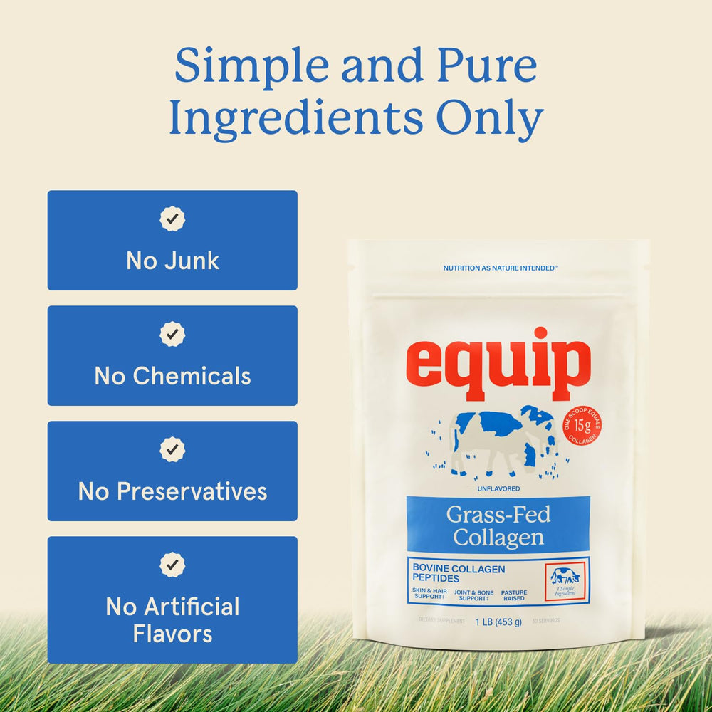 Equip Grass-Fed Collagen Powder mixing glass ready to blend into shakes and recipes.