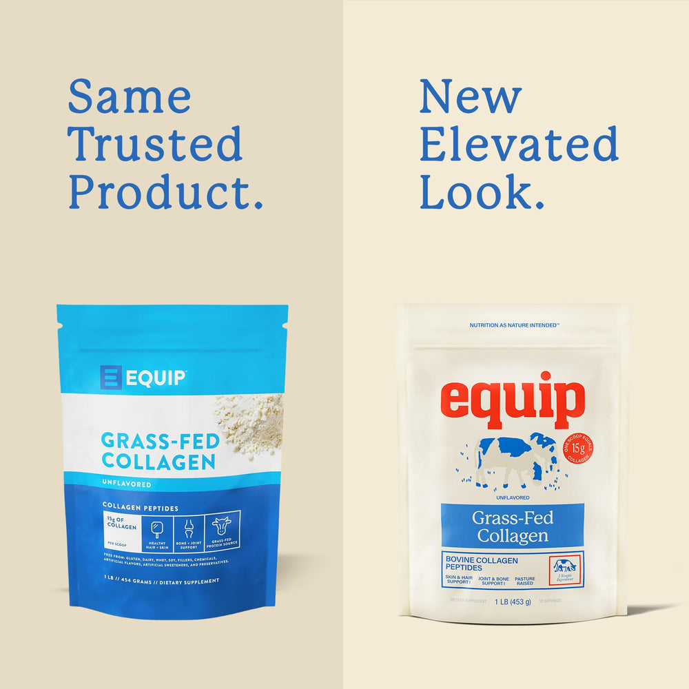Equip Grass-Fed Collagen Powder scoop showing portion ideal for 15g daily intake.