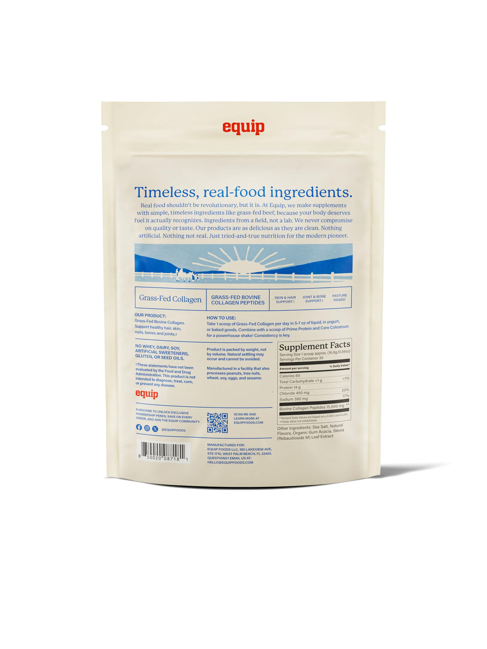 Equip Non-GMO paleo-friendly collagen packaging highlights quality and hydrolyzed peptides.